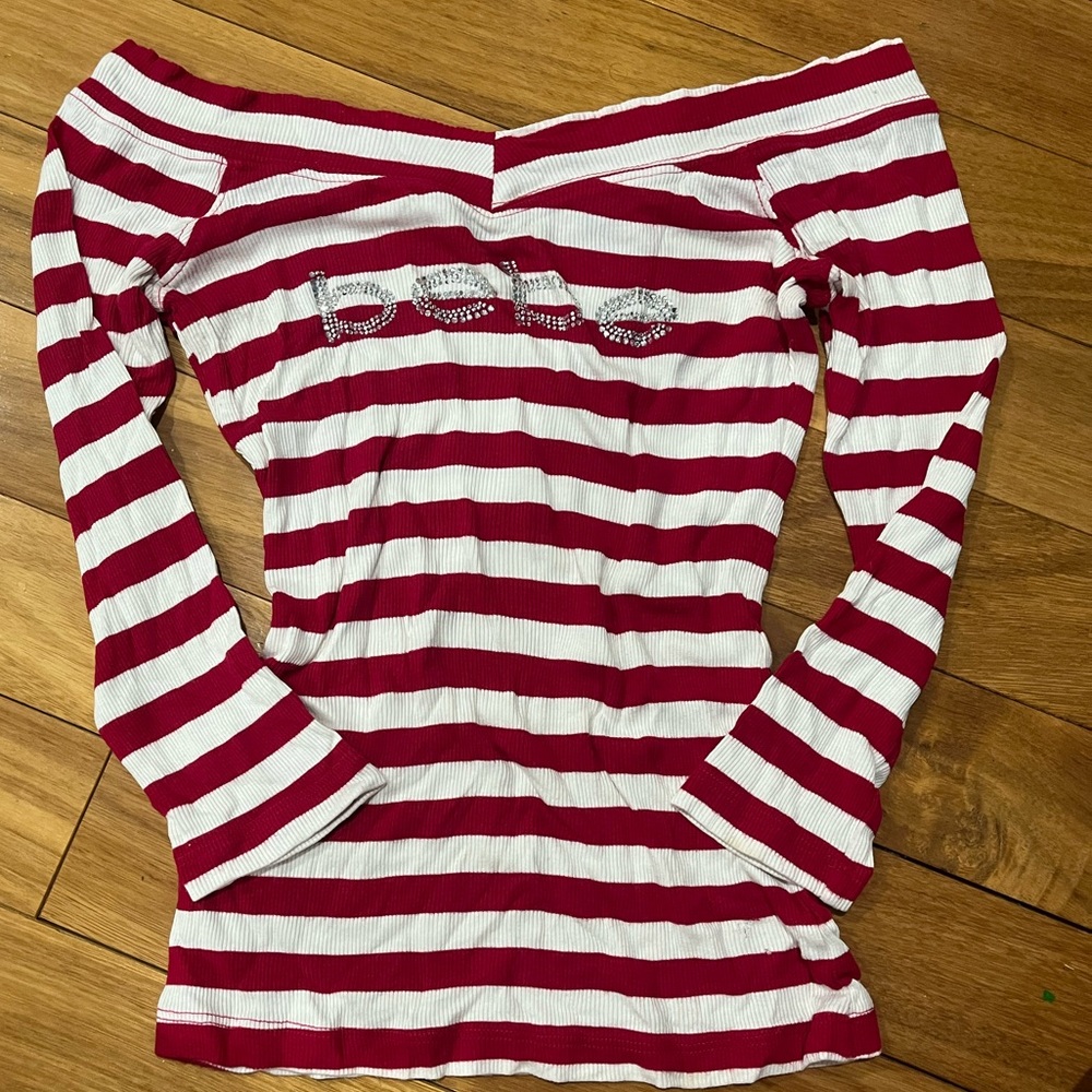 Red and White striped off the shoulder long sleeve “Bebe” shirt